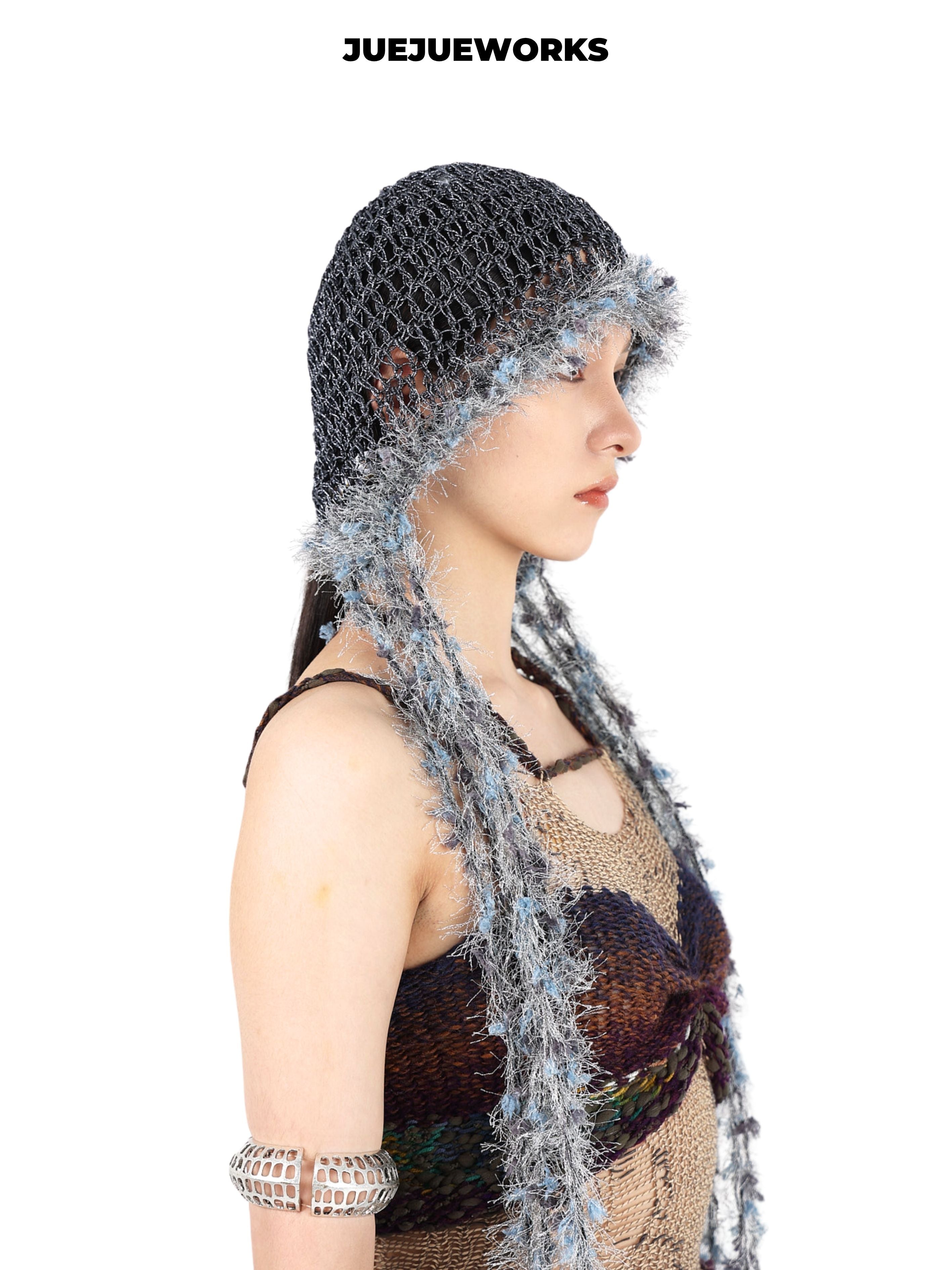 JUEJUEWORKS Frayed Mesh Knit Hood Hat, Original Handmade Distressed Net Beanie for Spring Summer