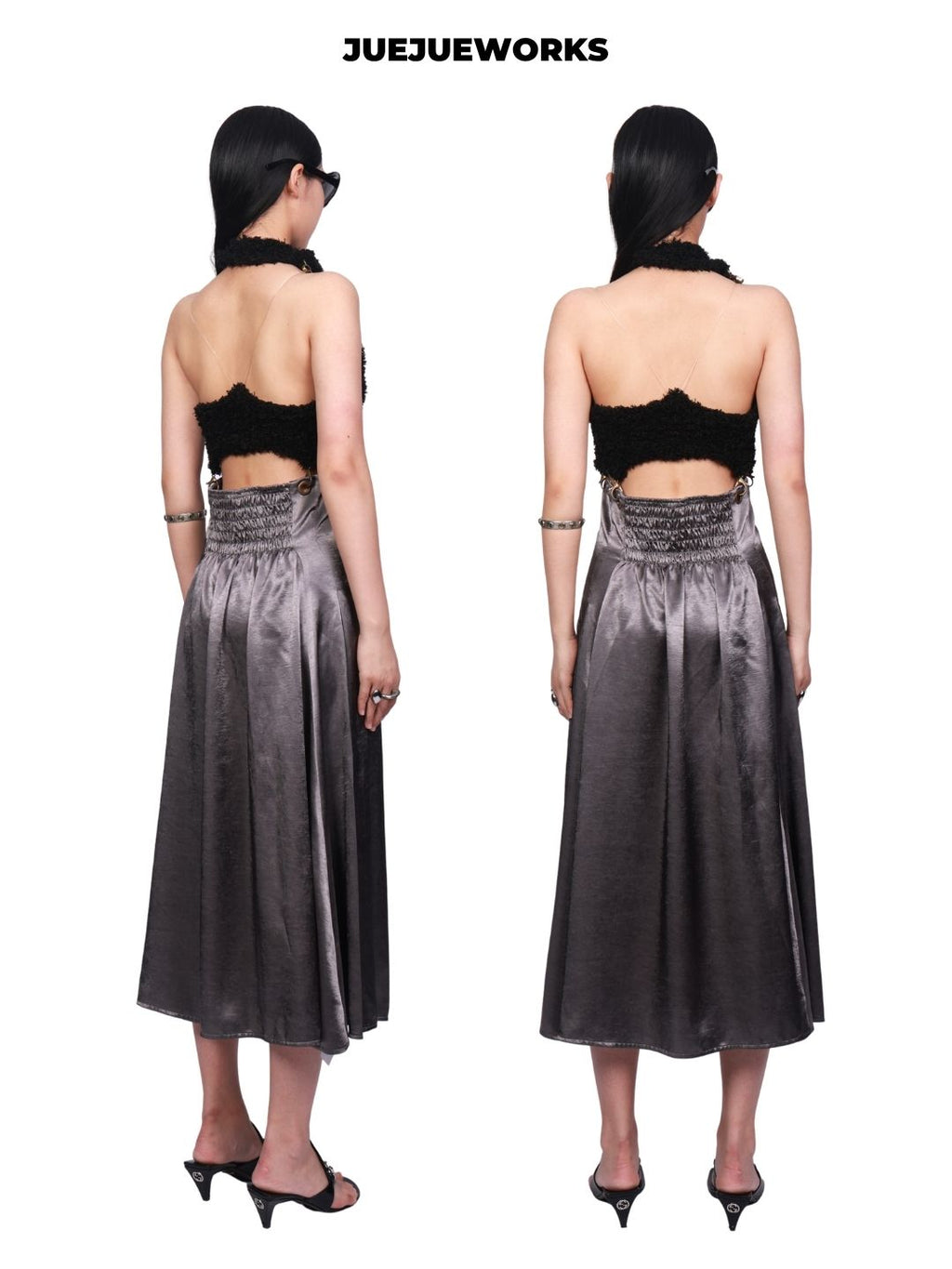 JUEJUEWORKS Black Acetate Dress, Original Design, High Stretch Hand-Knit, Detachable 2-in-1 Wear
