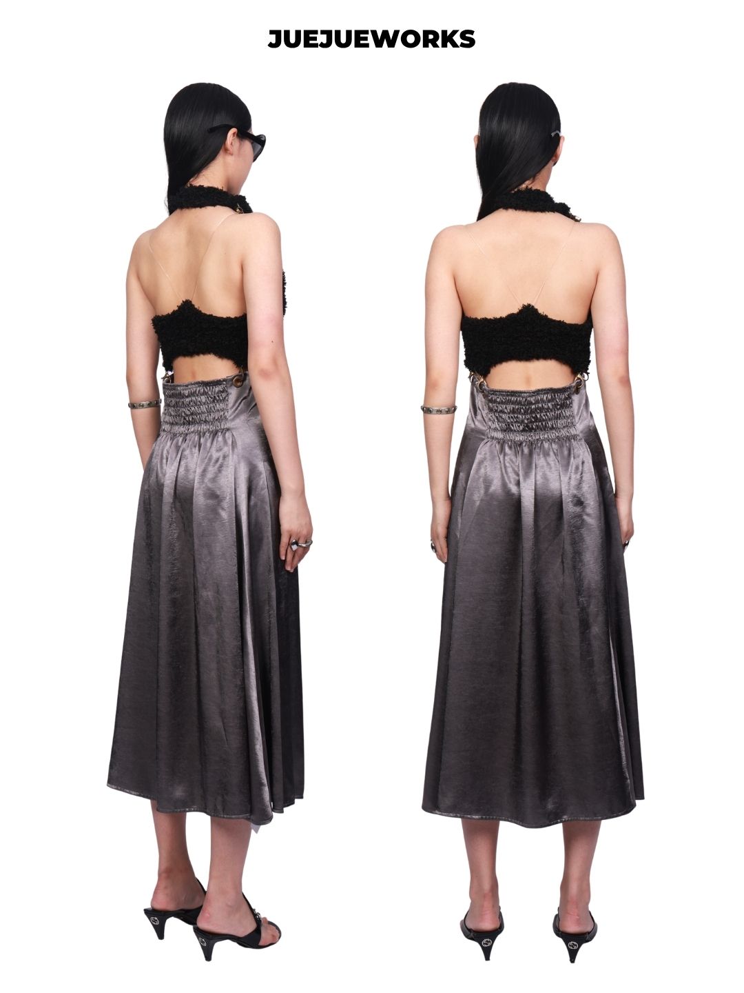 JUEJUEWORKS Black Acetate Dress, Original Design, High Stretch Hand-Knit, Detachable 2-in-1 Wear