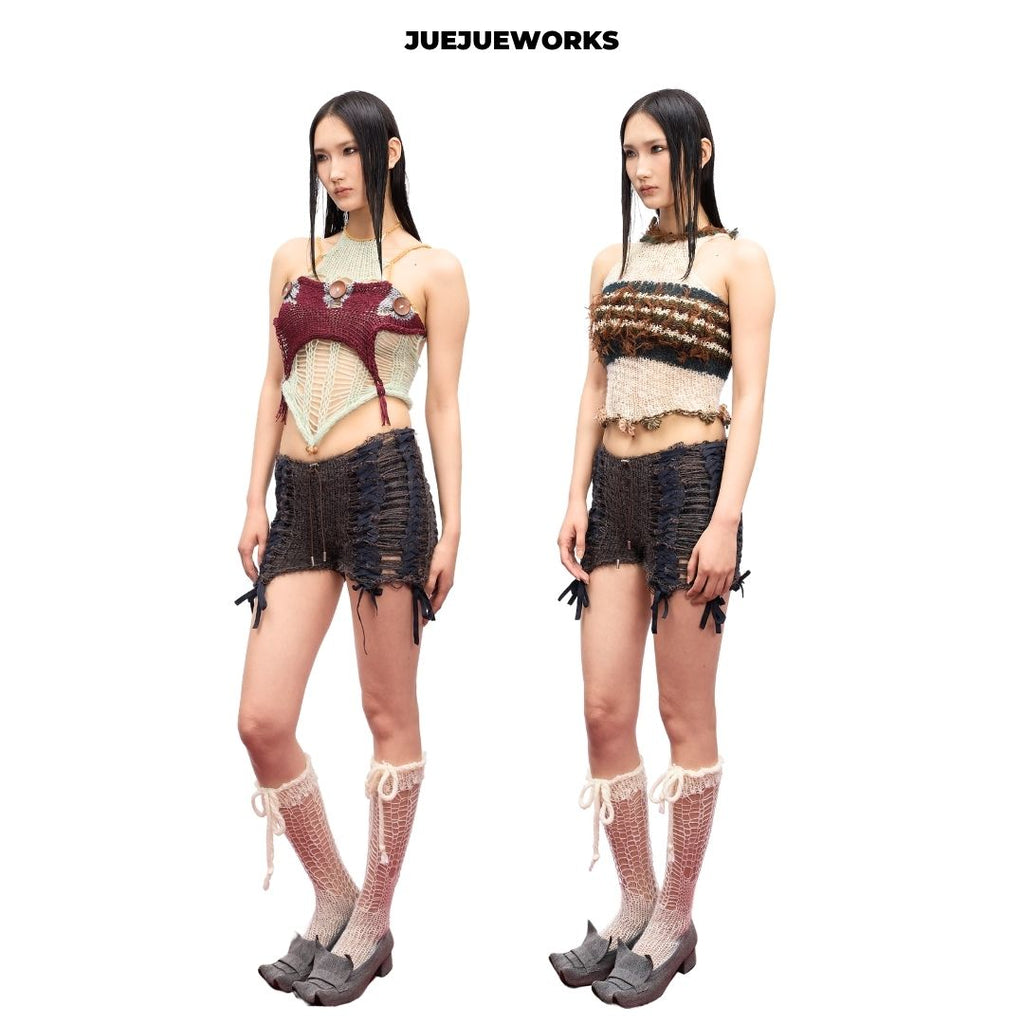 JUEJUEWORKS Hand-Knit Lace-Up Open-Knit Slouchy Socks Avant-Garde Knee-High Leg Warmers