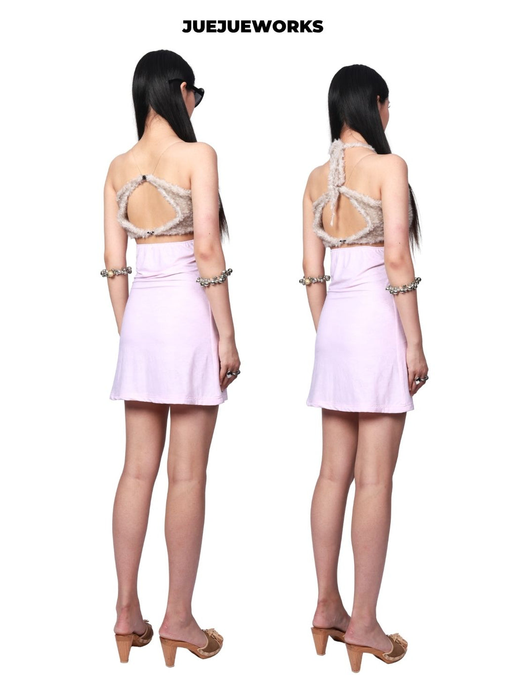 JUEJUEWORKS Little Lamb Cropped Cami Dress, Spaghetti Strap Summer Dress, Original Design, Hand-Knitted Knitwear