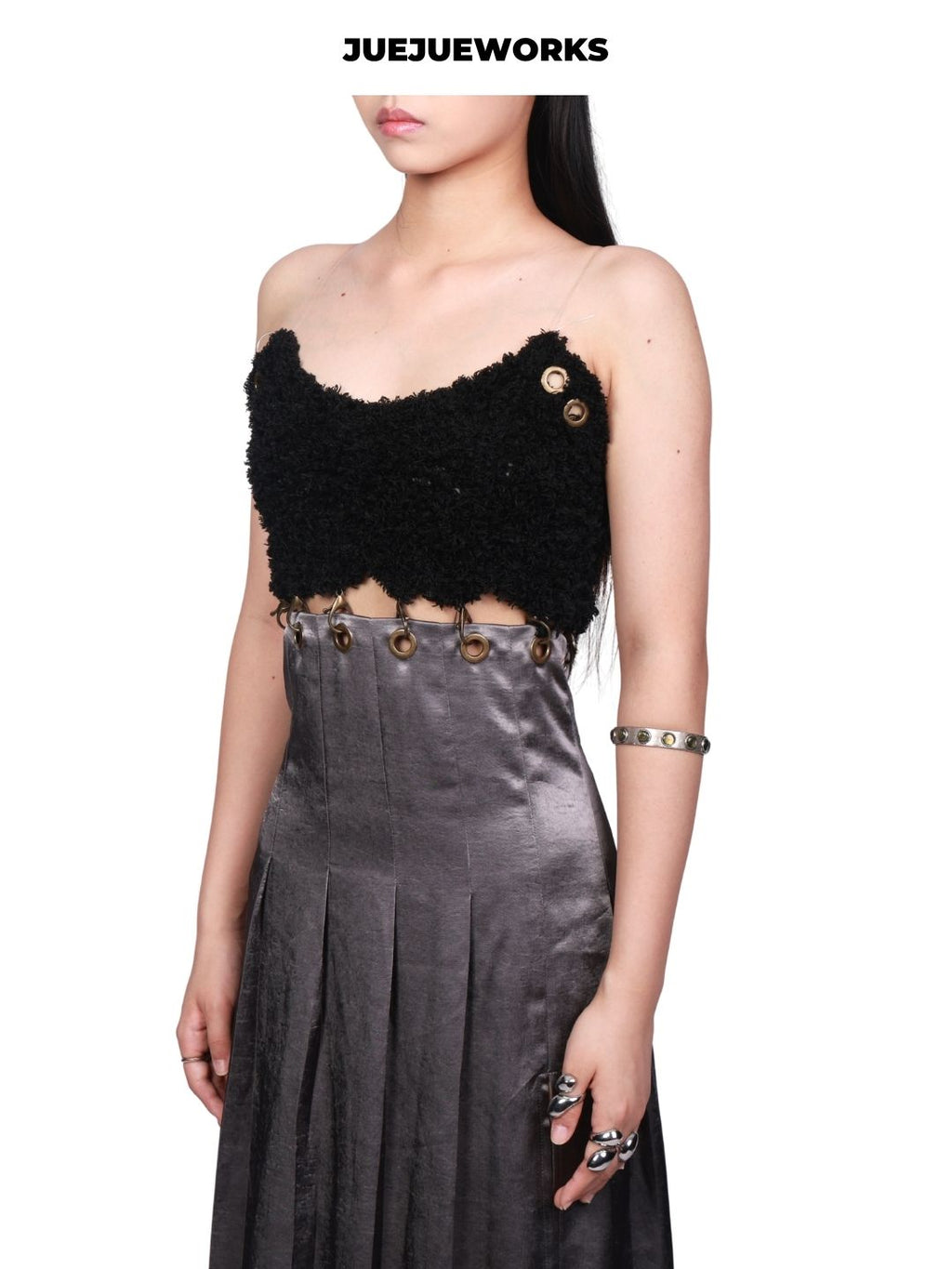 JUEJUEWORKS Black Acetate Dress, Original Design, High Stretch Hand-Knit, Detachable 2-in-1 Wear