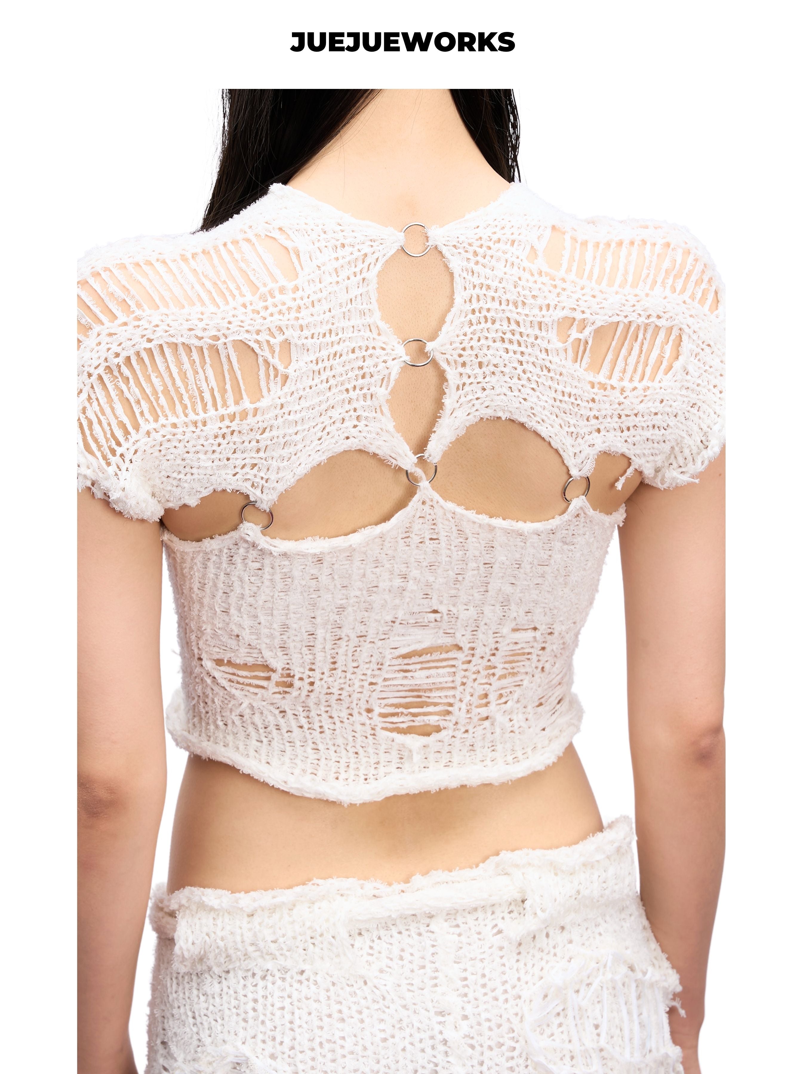 JUEJUEWORKS Distressed Mesh Knit Cami With Cap Sleeve Shrug, Hollow Out High Stretch Adjustable Handmade Yarn Knit Summer Crop Top