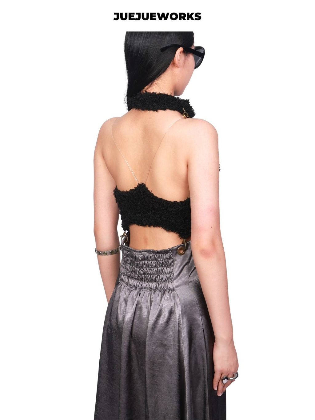 JUEJUEWORKS Black Acetate Dress, Original Design, High Stretch Hand-Knit, Detachable 2-in-1 Wear
