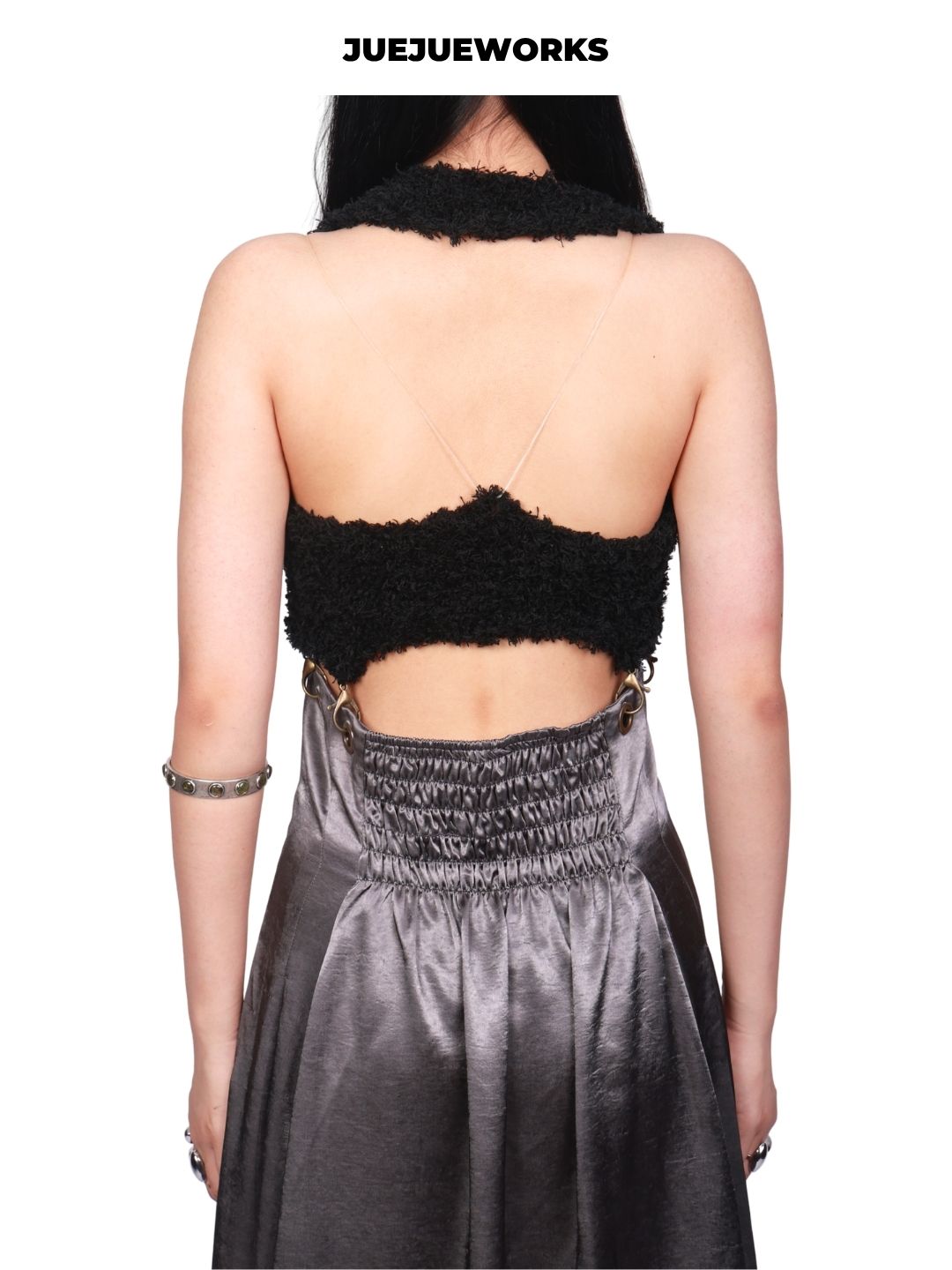 JUEJUEWORKS Black Acetate Dress, Original Design, High Stretch Hand-Knit, Detachable 2-in-1 Wear