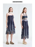 JUEJUEWORKS Dark Blue Frayed Fringe Knit Midi Skirt, Strapless Hollow Out Handmade Knit Body Skirt