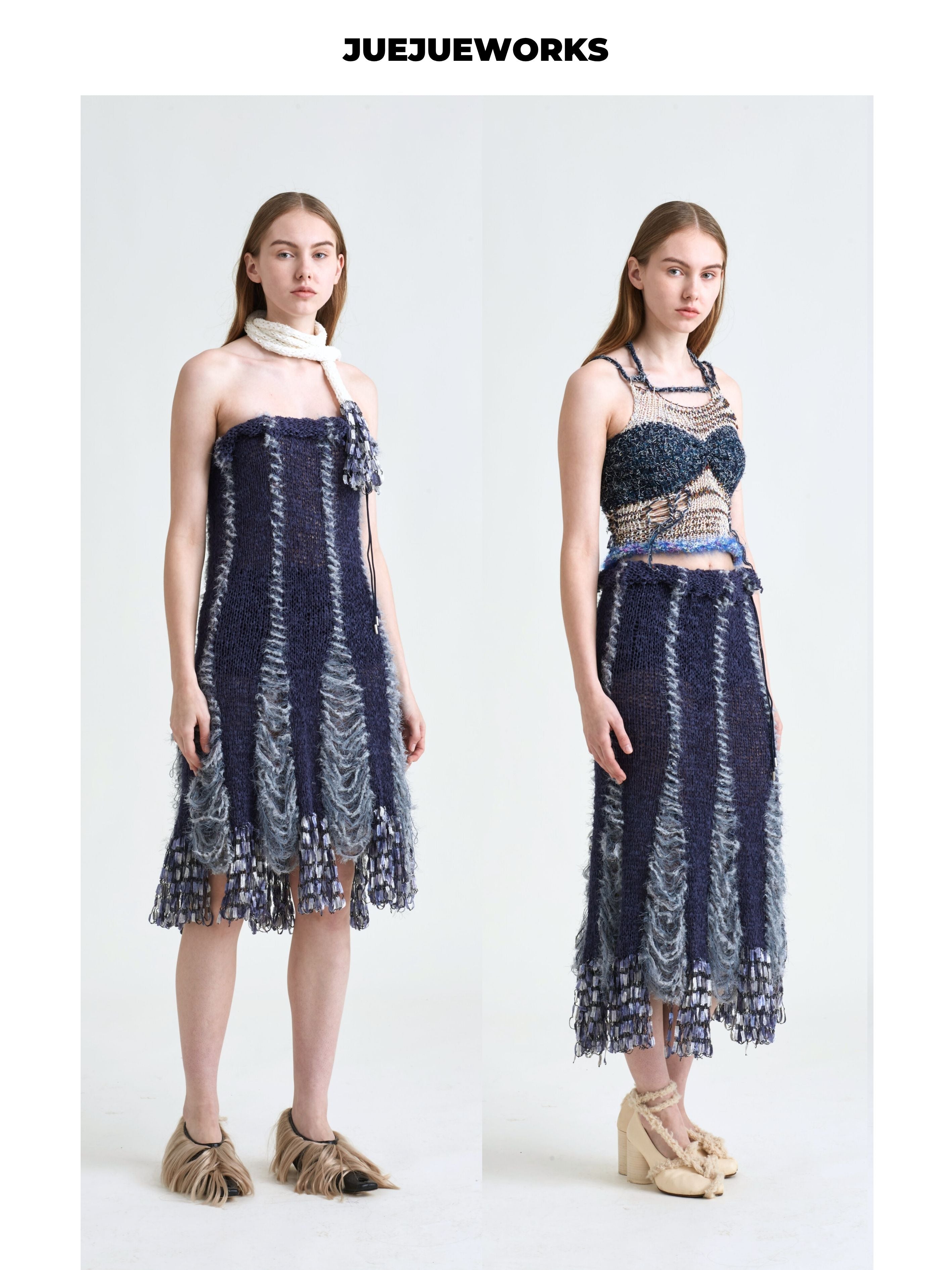 JUEJUEWORKS Dark Blue Frayed Fringe Knit Midi Skirt, Strapless Hollow Out Handmade Knit Body Skirt