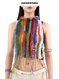 JUEJUEWORKS Multicolor Fringe Vest With Side Tie, High Stretch Breathable Slim Fit Handmade Yarn Knit