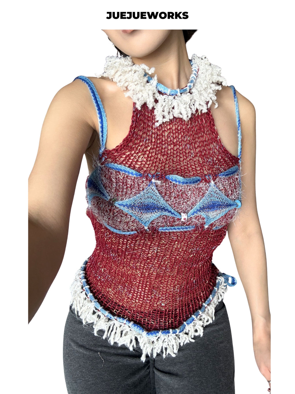 JUEJUEWORKS Red White Sea Salt Knit Halter Top, High Stretch Adjustable Handmade Yarn Knit Cami
