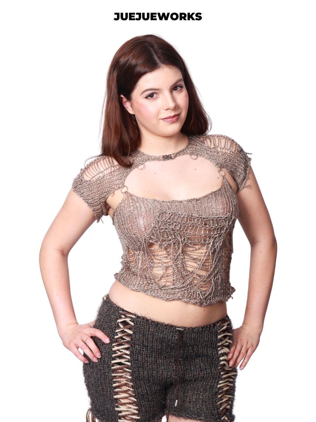 JUEJUEWORKS Silver Color Block Tank Top, Original Summer High-Stretch Hand-Knit Yarn Knitwear with Adjustable Back Strap