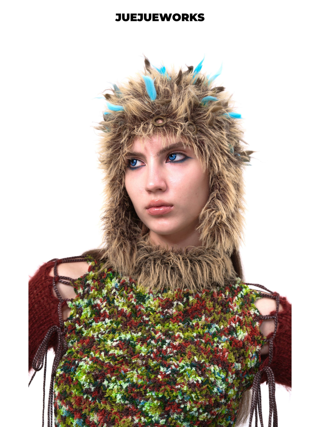 JUEJUEWORKS Christmas Color Block Knit Sweater, Furry Collar Cutout Shoulder Slim Fit High Stretch Handmade Knit Top